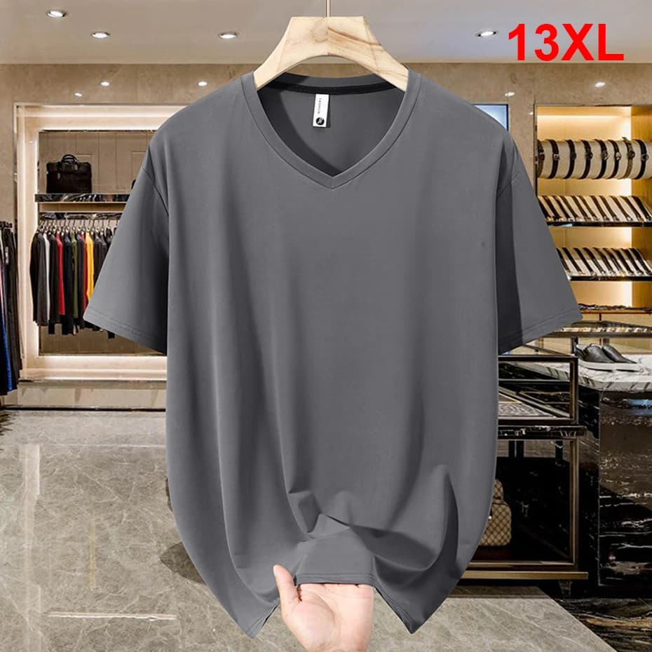13XL 12XL Plus Size T-shirt Men Summer V-neck Tshirts Fashion Casual Solid Color Short Sleeve Tops Tees Male Big Size 13XL 12XL