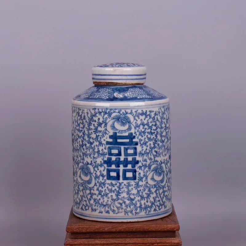 Blue And White Four Happiness Character Pattern Tea Jar Antique Ornaments Porcelain Jingdezhen Tea Caddy Collection