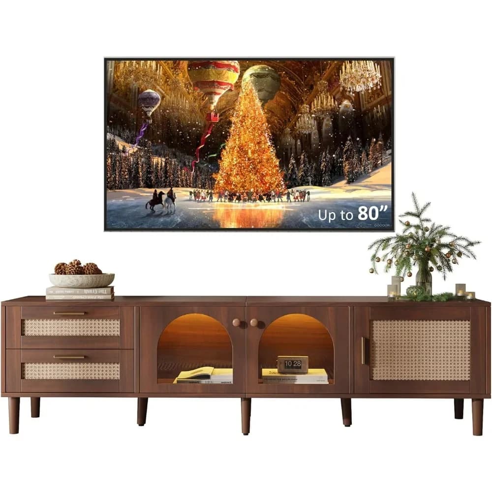 Merax Rattan TV Stand: 70 Entertainment Center with LED Lights, 3 Cabinets & 2 Drawers for TVs up to 80