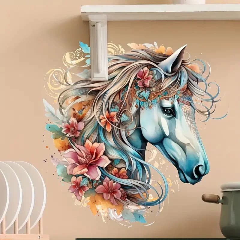 Artistic Unicorn & Floral Vinyl Wall Sticker Removable, PVC Decal for Living Room & Bedroom Decor, Contemporary Style