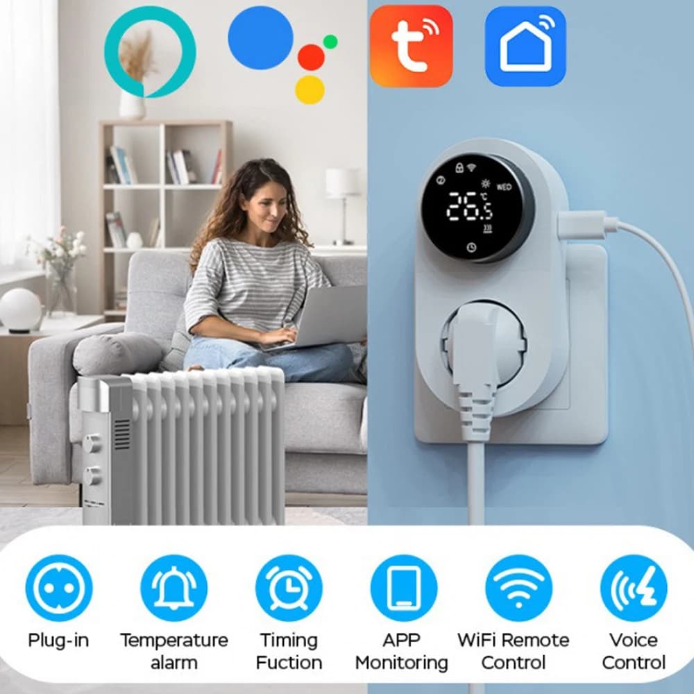 Tuya Smart WiFi LED Thermostat Socket 16A Plug-in Thermostat Socket Knob-type Temperature Controller Voice Control with Alexa