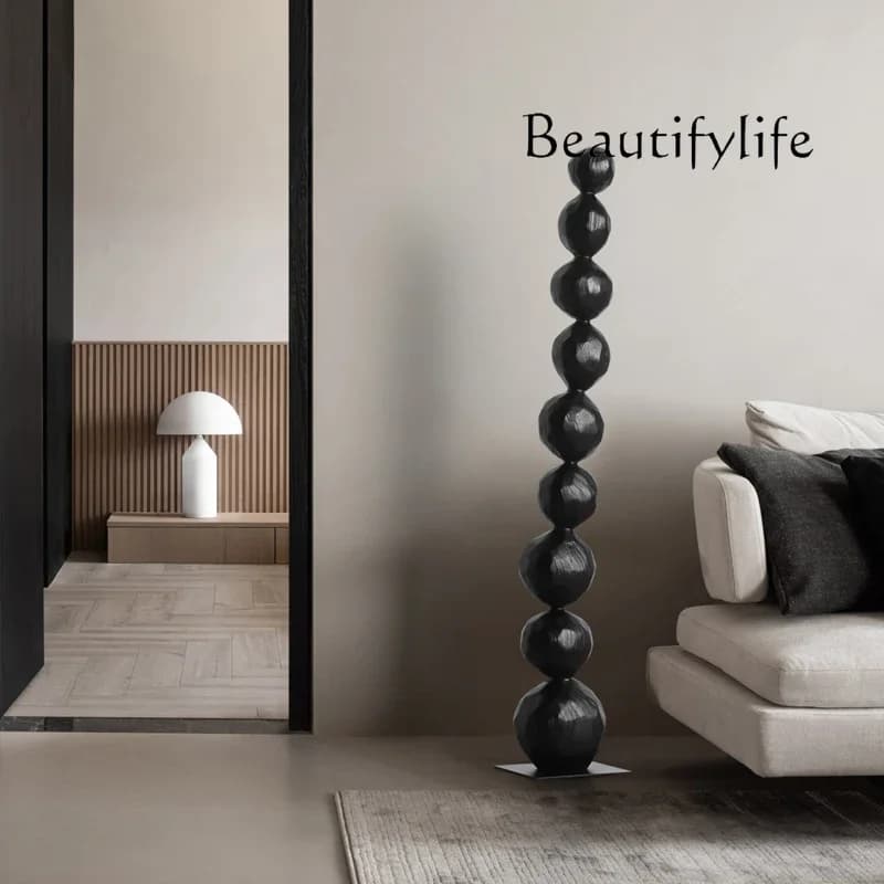 W Carbonized Wood Ball Sculpture Art Floor Ornament Living Room Entrance Vertical Height Creative Wood Carving Decoration