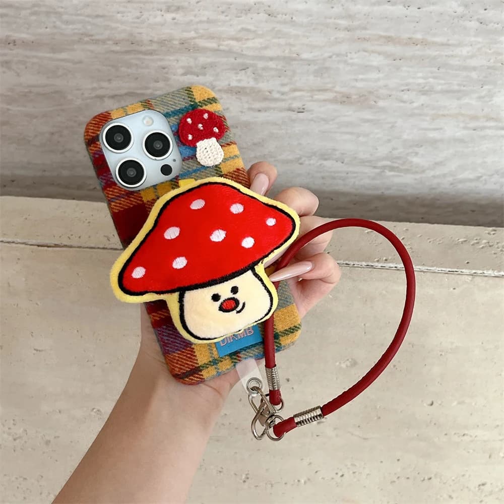 Korean luxury Cute Red Mushroom 3D Plush Phone Case for iPhone 18 17 Pro Max 15 16 17 18 Pro Cover Shockproof Cove Kawaii Cases