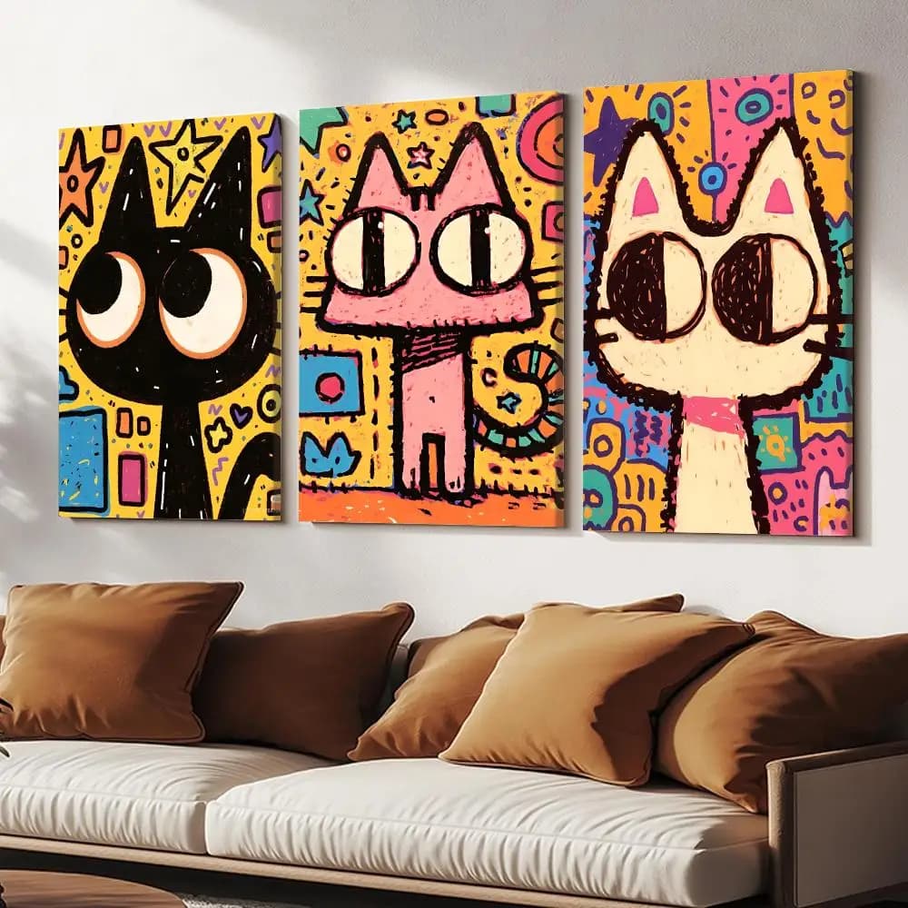 Cute Dopamine Doodle Cat Painting Calligraphy HD Modern Style Inner Frame Canvas Poster Bedroom Room Hallway Wall Art Decor