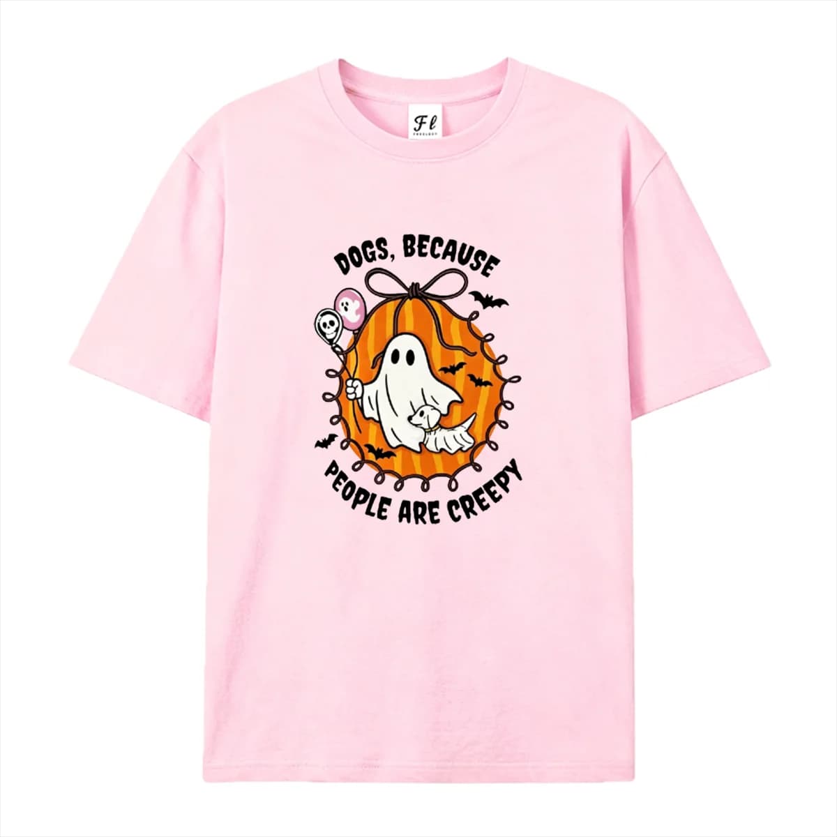 `Dogs Because People Are Creepy Graphic T‑Shirt Halloween Cute Ghost Puppy Pumpkin Bat String Light Print Short Sleeve Top Wear