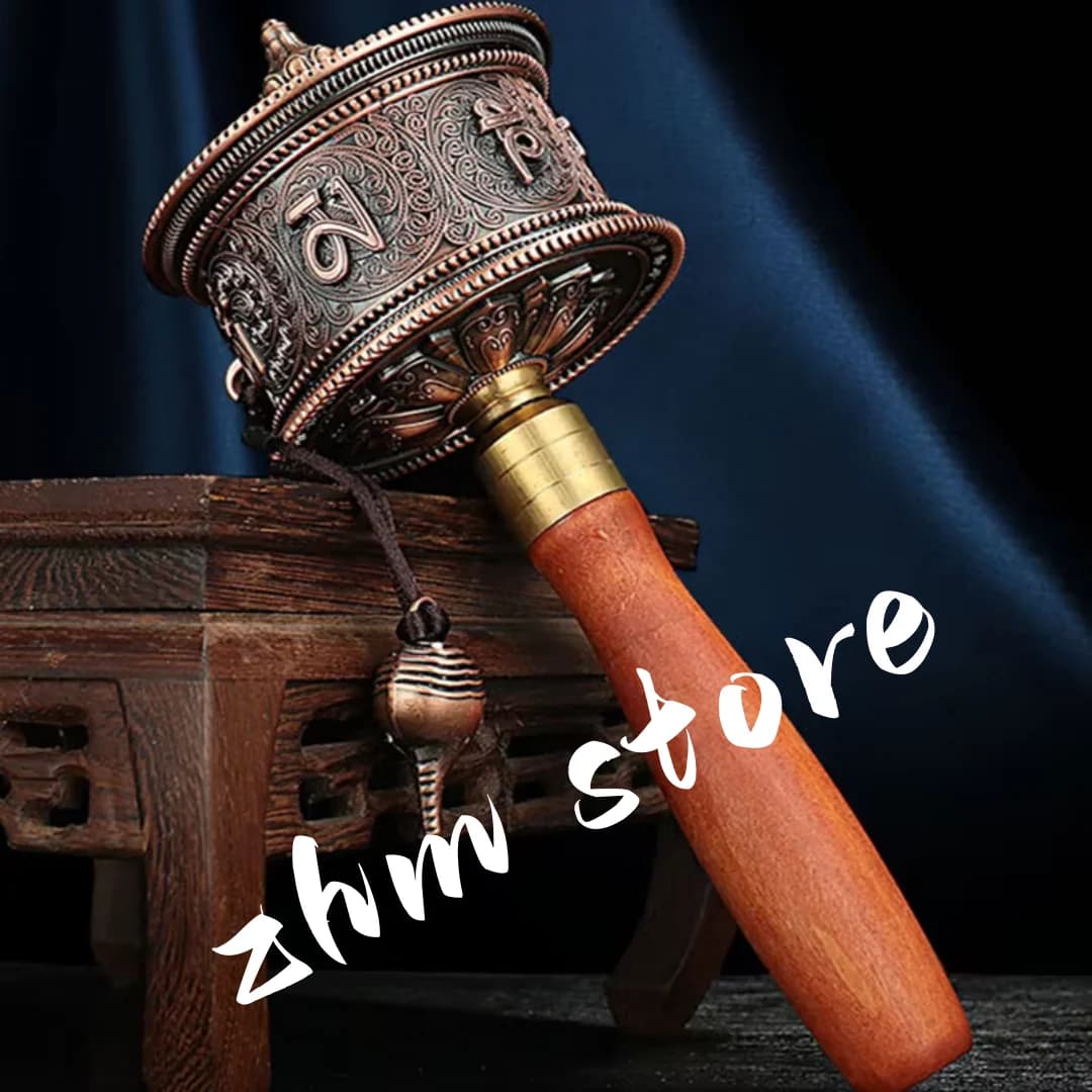 21cm Red Copper Color Alloy Metal Decorate Carving Guanyin/Six Words  Mantra/Scriptures Wooden Hand Cranking Prayer Wheel