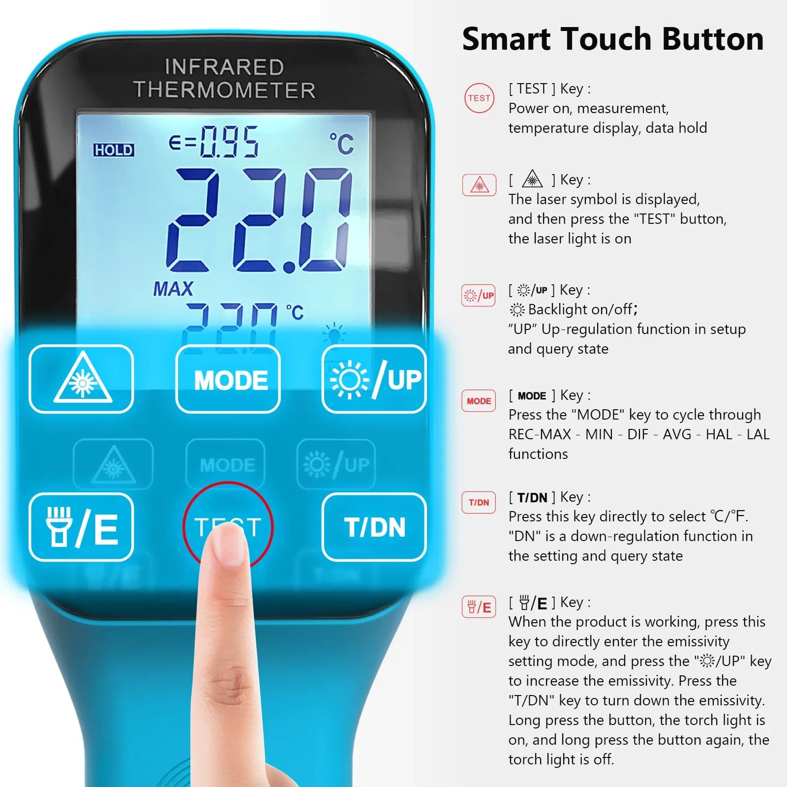 High Temp IR Thermometer Gun HOLDPEAK Pyrometer -58F~2912 F D:S=30:1 Dual Laser Industrial W/Touch Buttons, Rechargeable, HP-160