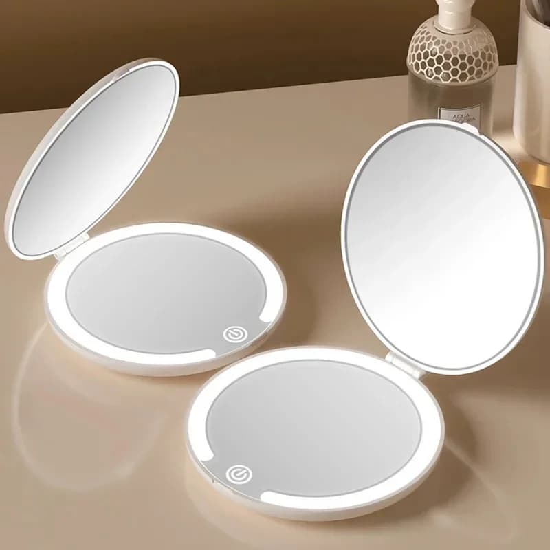 Magnification LED Pocket Mirror Portable Handheld Rechargeable Compact Cosmetic Mirror With Light Travel Round Folding