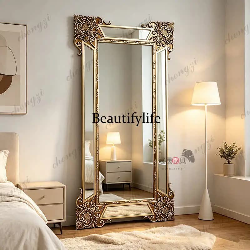 European retro full-length mirror, living room wall-mounted carved luxury dressing mirror, special-shaped floor fitting mirror