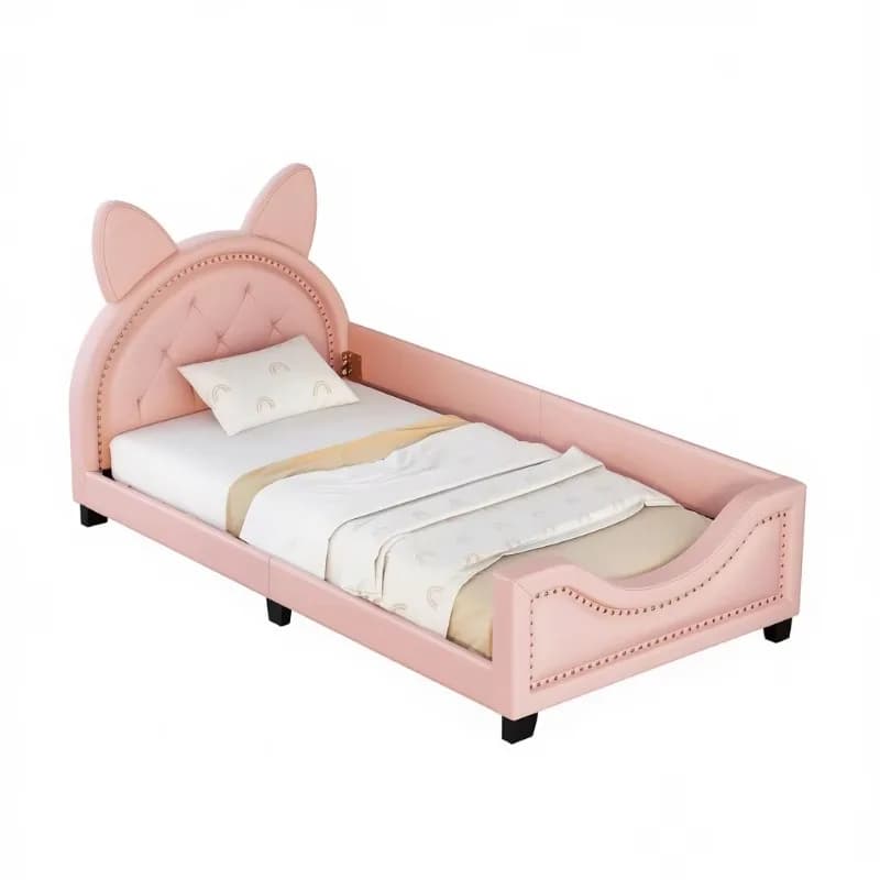 Double size wood frame spring upholstered sofa bed with cat ear headboard, pink faux leather, modern soft bed bedroom furniture