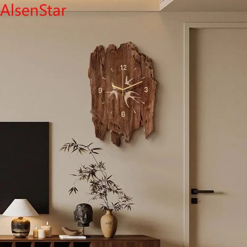 Quiet Wind Dining Room Clock Creative Unique Fake Wood Swallow Painting Wall Hanging Clock Watch TV Sofa Background Decoration
