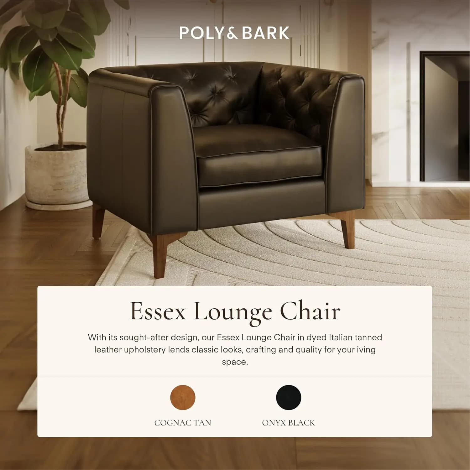Essex 40" Lounge Chair – Onyx Black Full-Grain Pure-Aniline Italian Leather, Tufted Back & Arms, Feather-Down Cushions, Walnut W