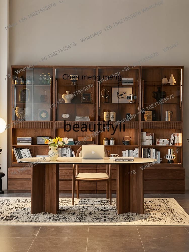 X Full Wall Card Holder Black Walnut Bookshelf Integrated Whole Wall Combination Bookcase Display Storage Cabinet
