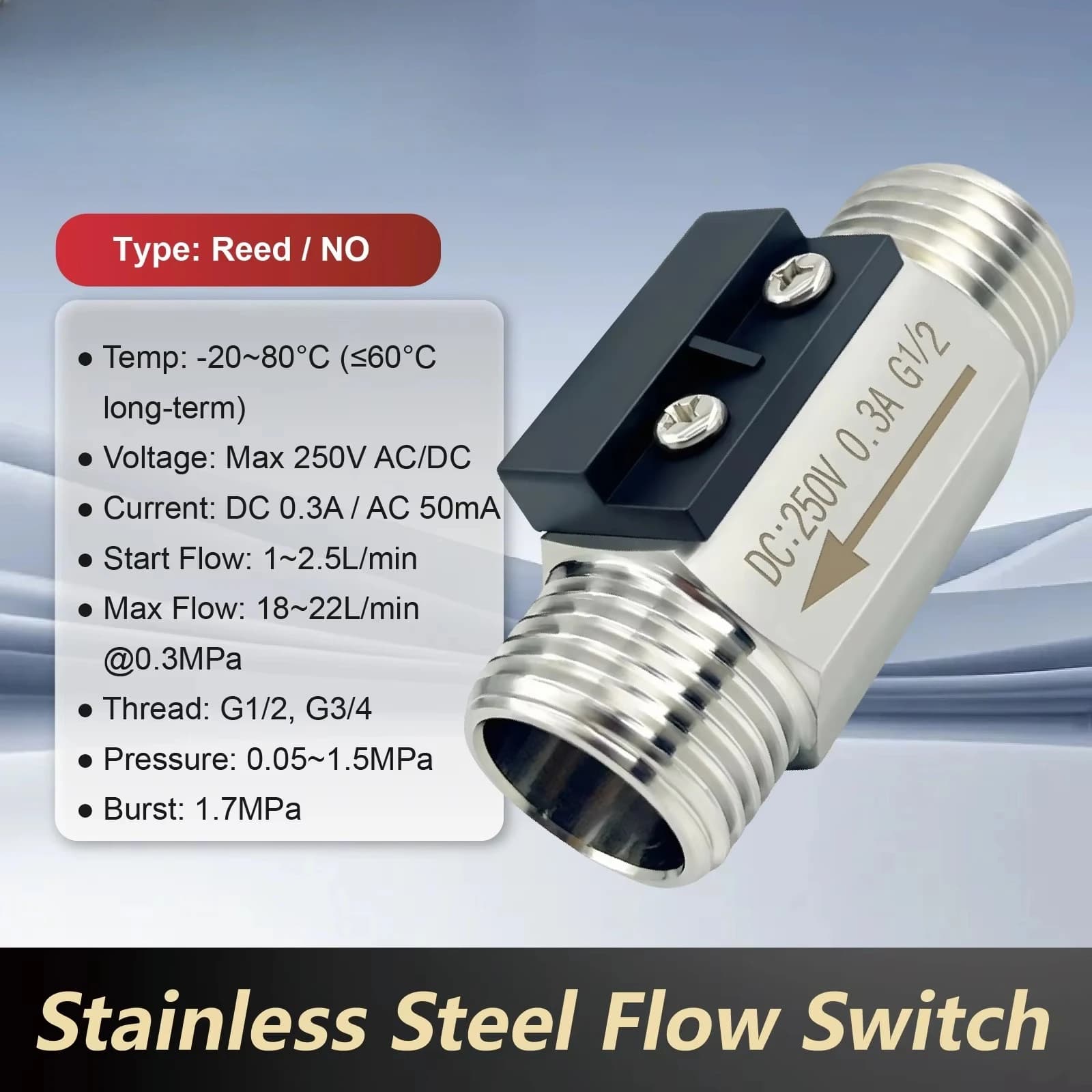 304 stainless flow switch inline water flow sensor 1–1.5L 2–2.5L 1/2″3/4″thread normally open liquid flow detector control