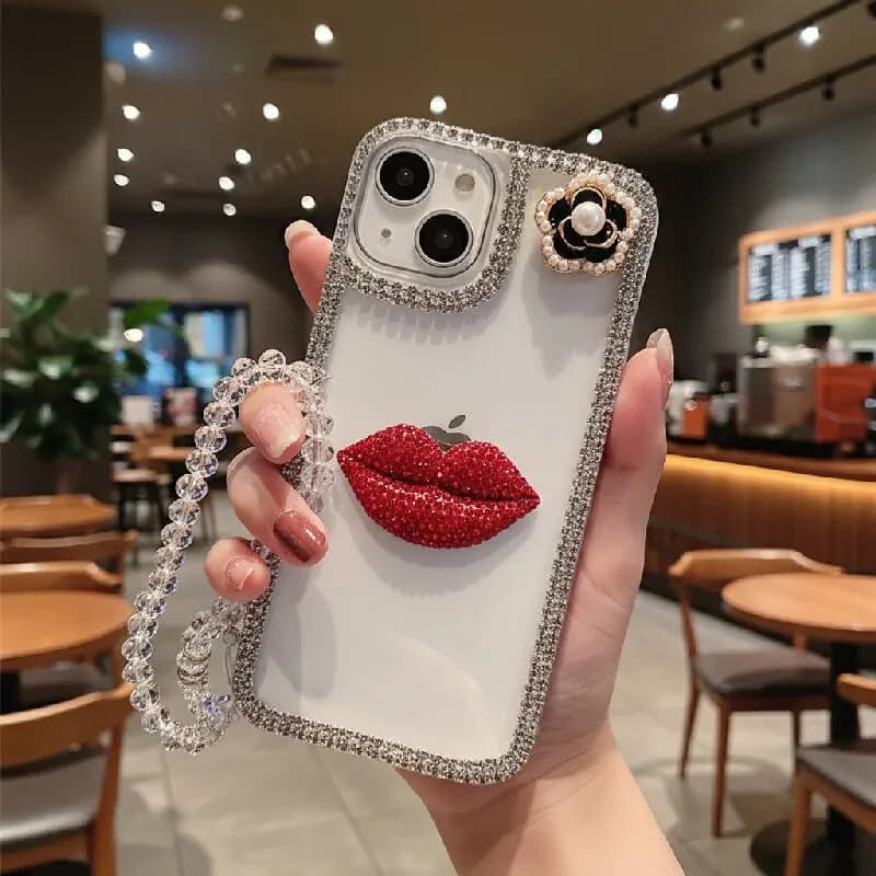 Glitter Lipstick Kiss Pearl Camellia Phone Case for Samsung Galaxy S25 Faith S24 S23 S22 S21 5G S20 Ultra 3D Stereoscopic Cover
