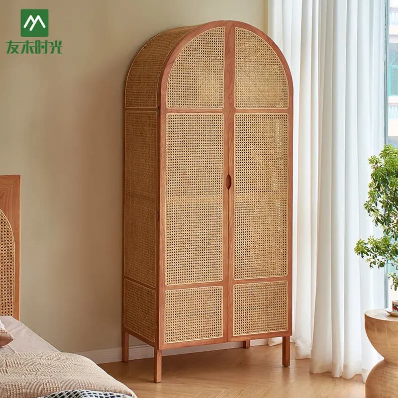 CX wabi-sabi wind rattan solid wood wardrobe retro simple bedroom large wardrobe large capacity