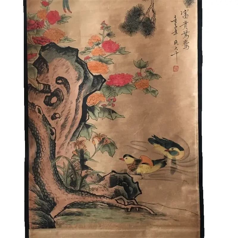 China old Celebrity paintings-Zhang Daqian's Ink Flower and bird painting of Mandarin duck painting Scroll Hanging paintings