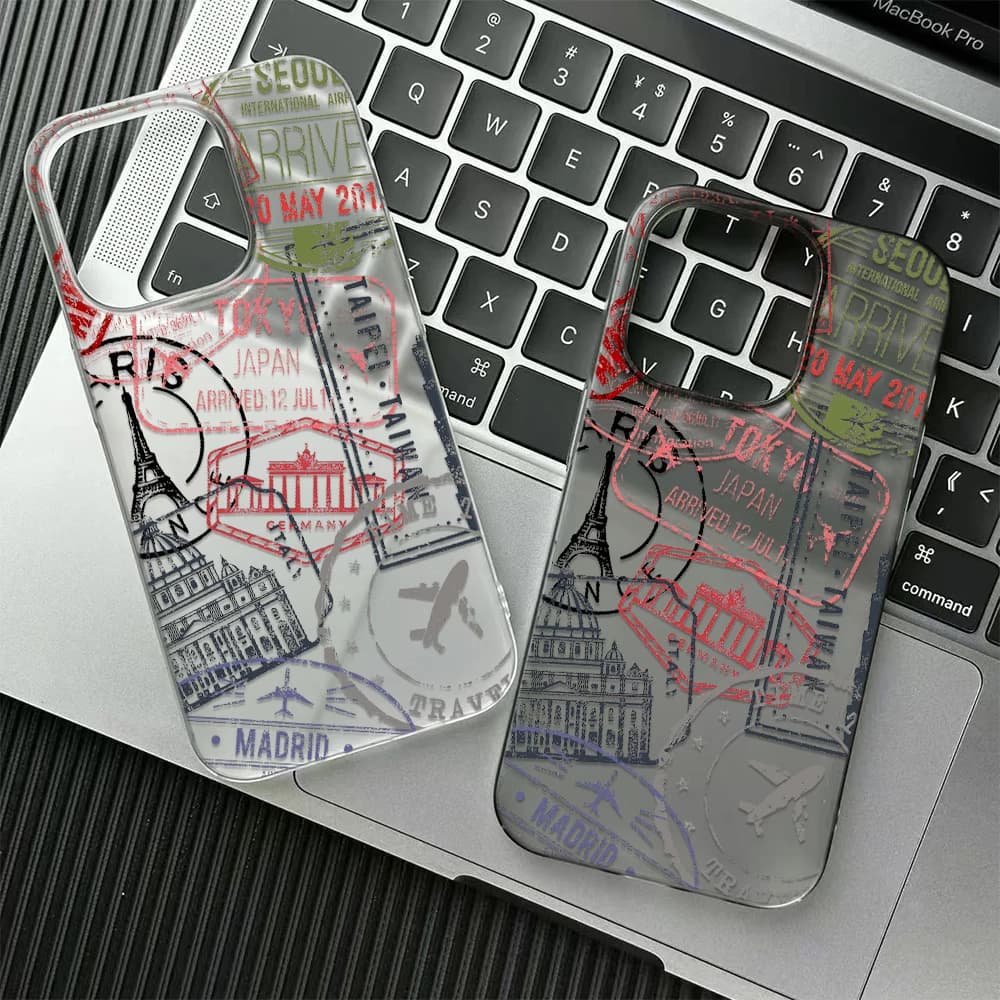 Wanderlust City Stamp Phone Case For iPhone 17 16 15 14 Plus 13 12 11 Pro Max 17 Air Travel Landmark Collage Clear Soft TPU Case