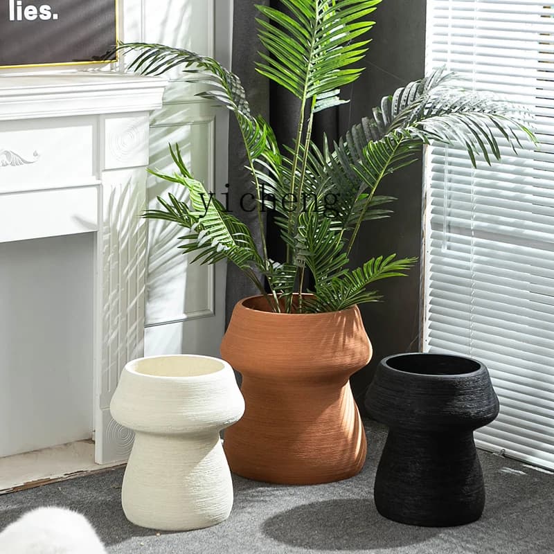 ZC magnesium mud floor-to-ceiling flower pot, minimalist mushroom harp, leaf fir flower ware, living room ornament