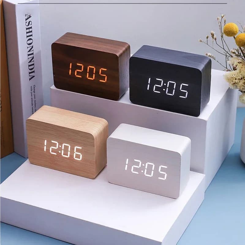 LED Desktop Clock Alarm Decoration Wooden Alarm Watch Table Voice Control Digital Wood Powered Electronic Desktop Clocks
