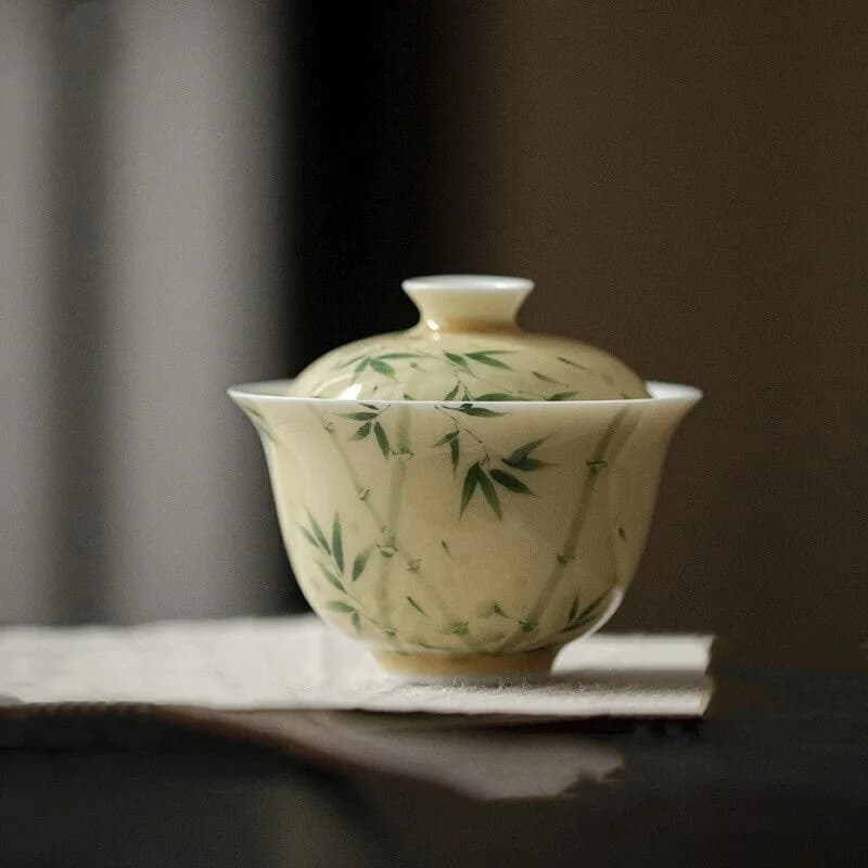 Hand Painted Bamboo Porcelain Yellow Gaiwan For Tea Tureen Teaware Cup Chinese
