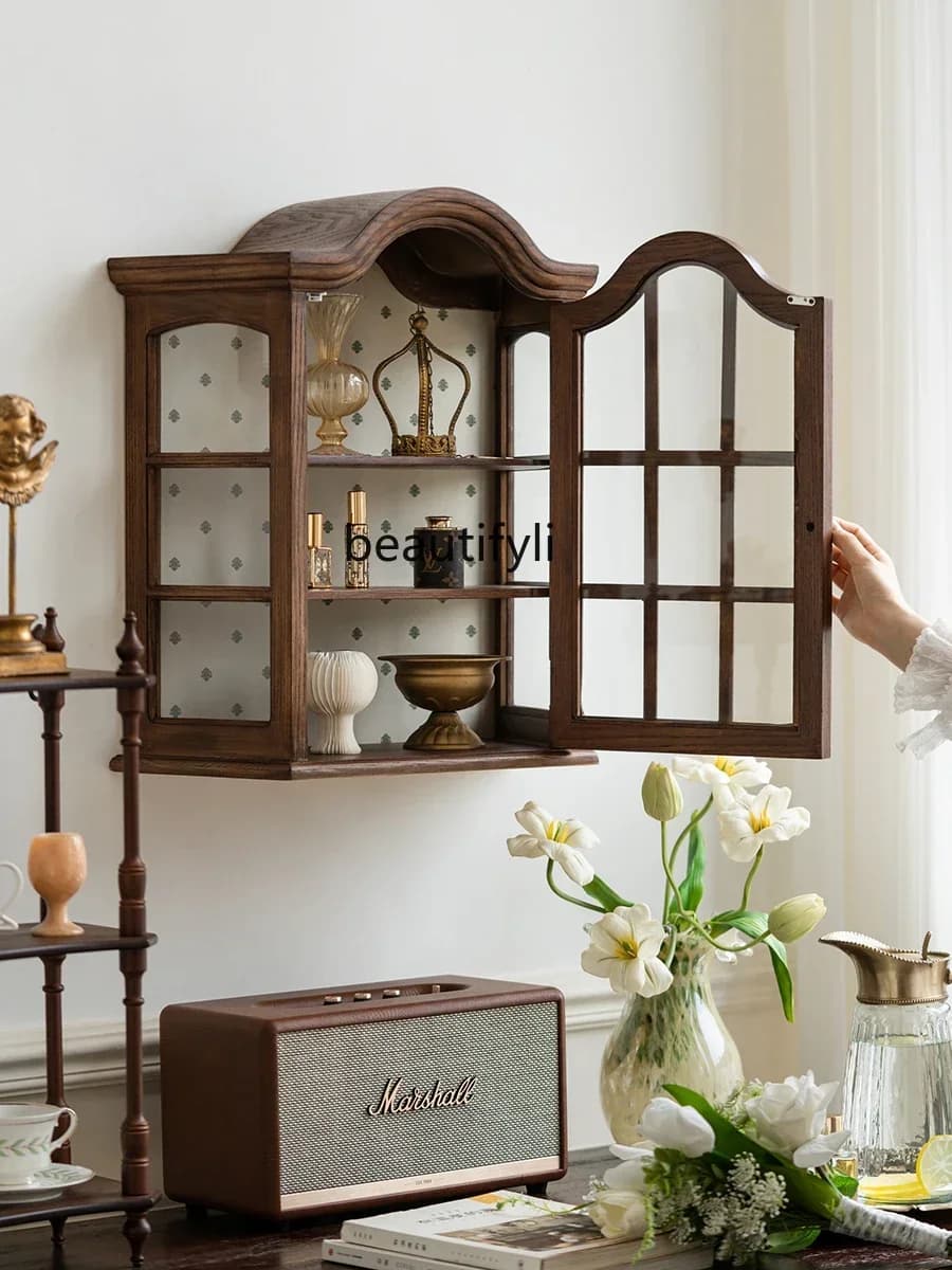 K185 French Retro Solid Wood Showcase Wall Storage Antique Wall-Mounted Storage Cabinet