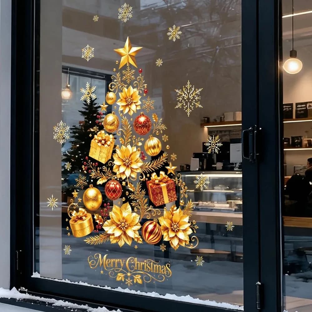 Golden Snowflake Christmas Tree Window Sticker Star Bow PVC Christmas Tree Wall Sticker Removable Large Electrostatic Sticker