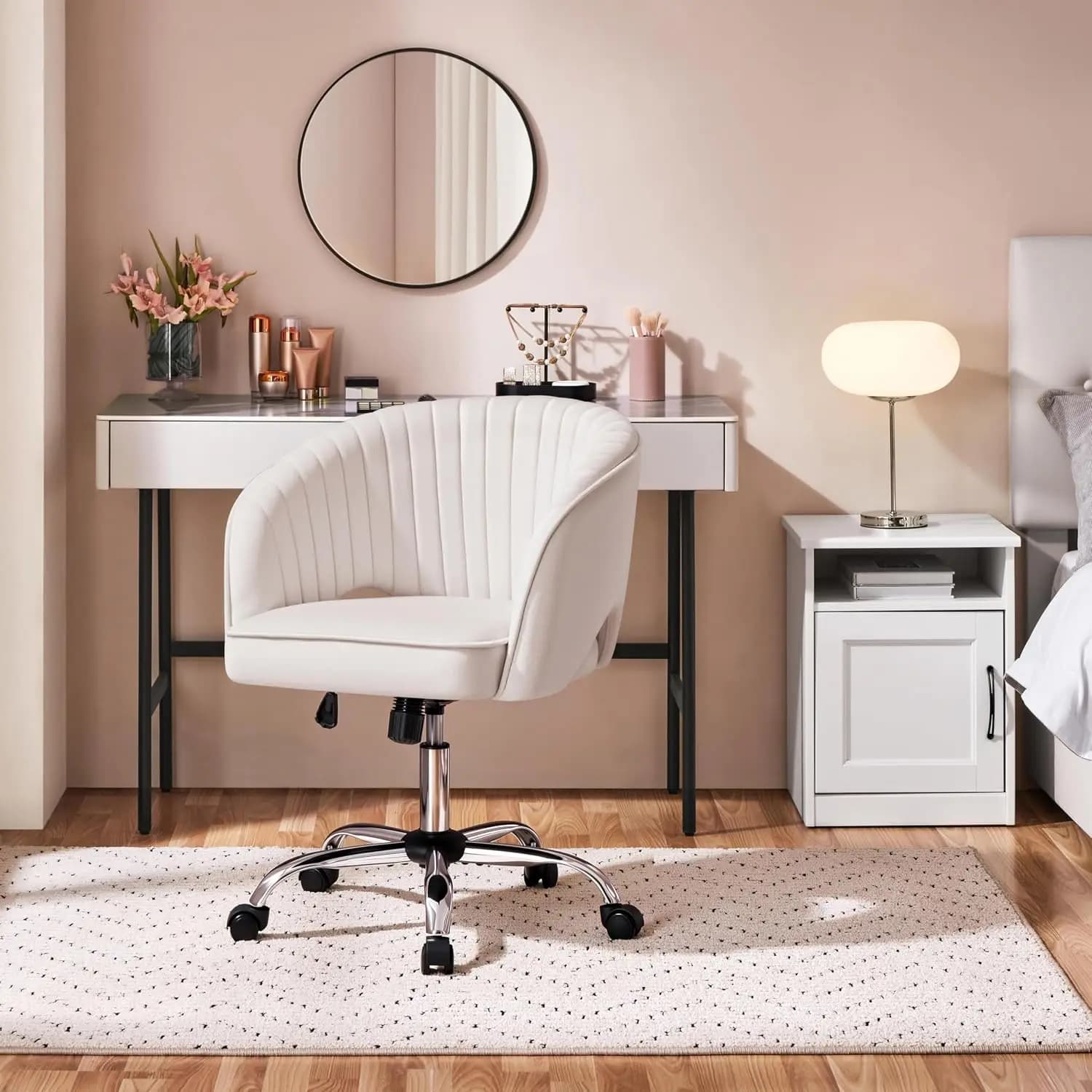 Cream Velvet Makeup Vanity Desk Chair, Channel-Tufted Swivel Seat