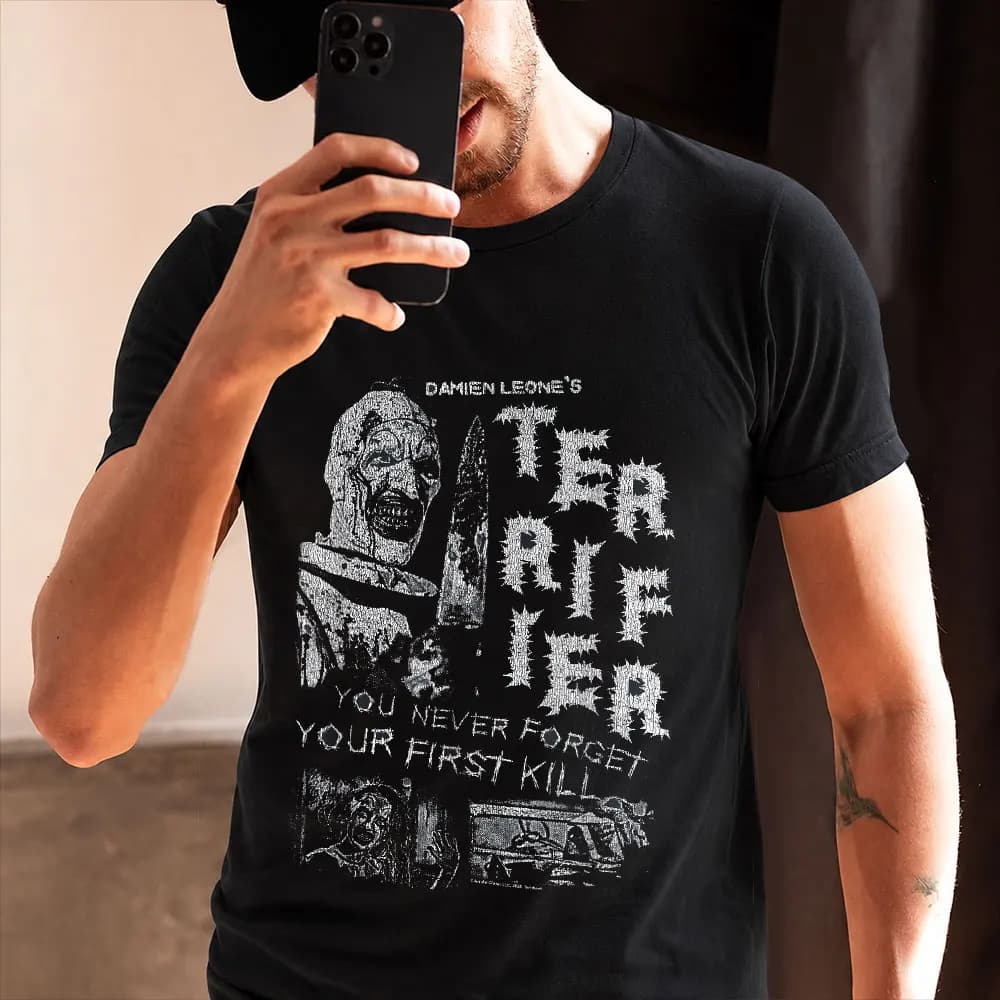 Never Forget Your First Kill Retro Horror Movie Terrifier Art The Clown Killer Scary Halloween Gift T Shirt Short Sleeve tee