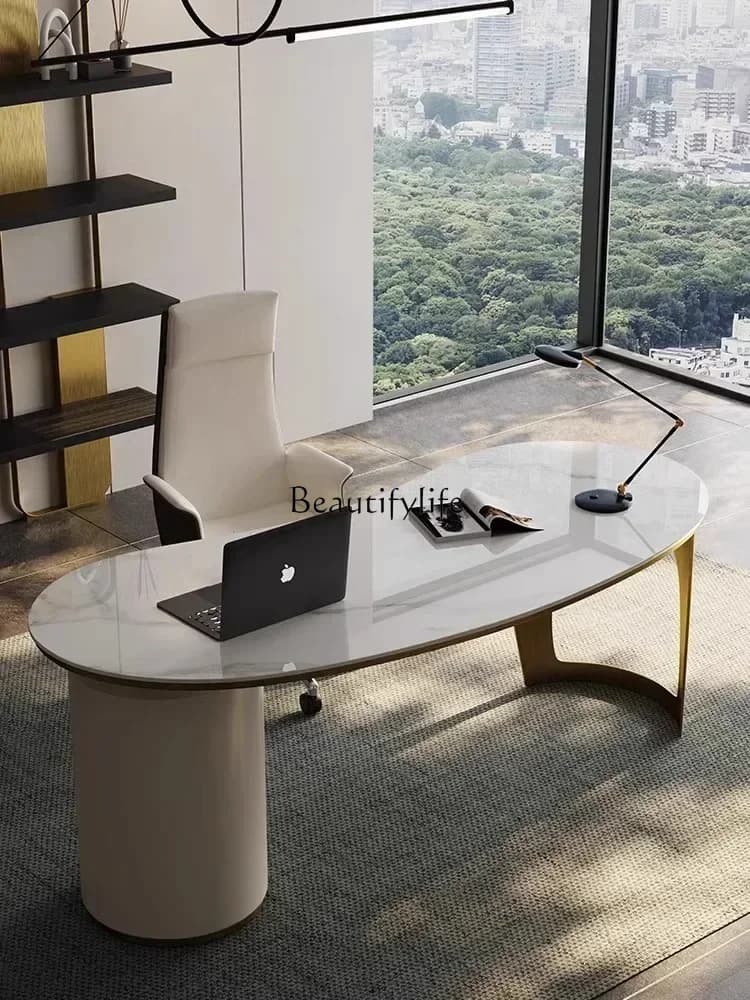 Stone Plate Light Luxury Study Desk Office Computer Writing Desk Bookcase Integrated Home