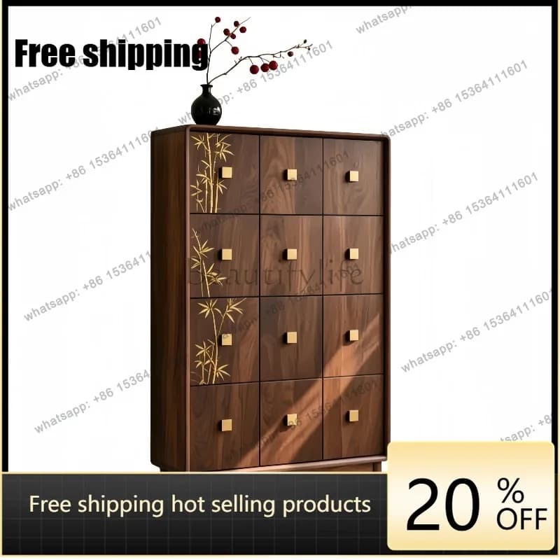YJ new Chinese solid wood chest chest black walnut living room bedroom storage locker against the wall drawer painted