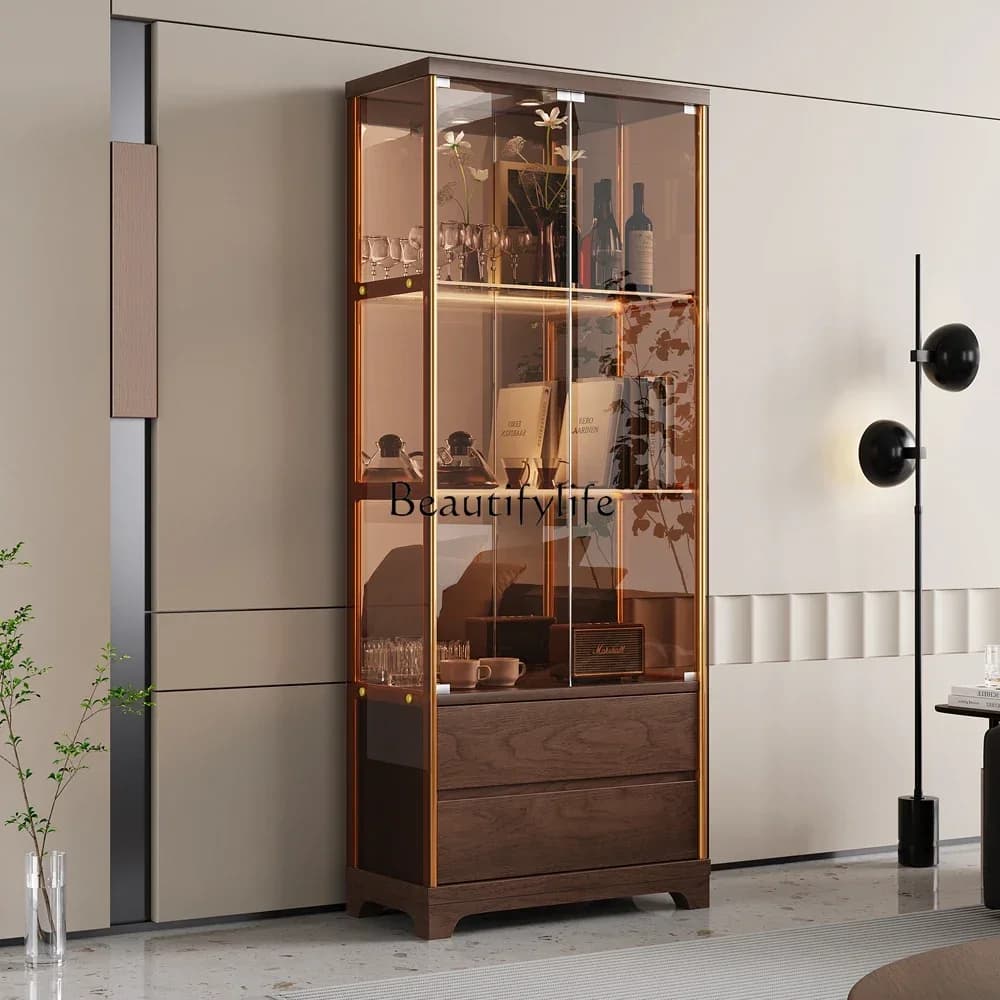 yj21  New Chinese Style Solid Wood Wine Cabinet Integrated Wall-Mounted Light Luxury Living Room Glass Door Display Cabinet