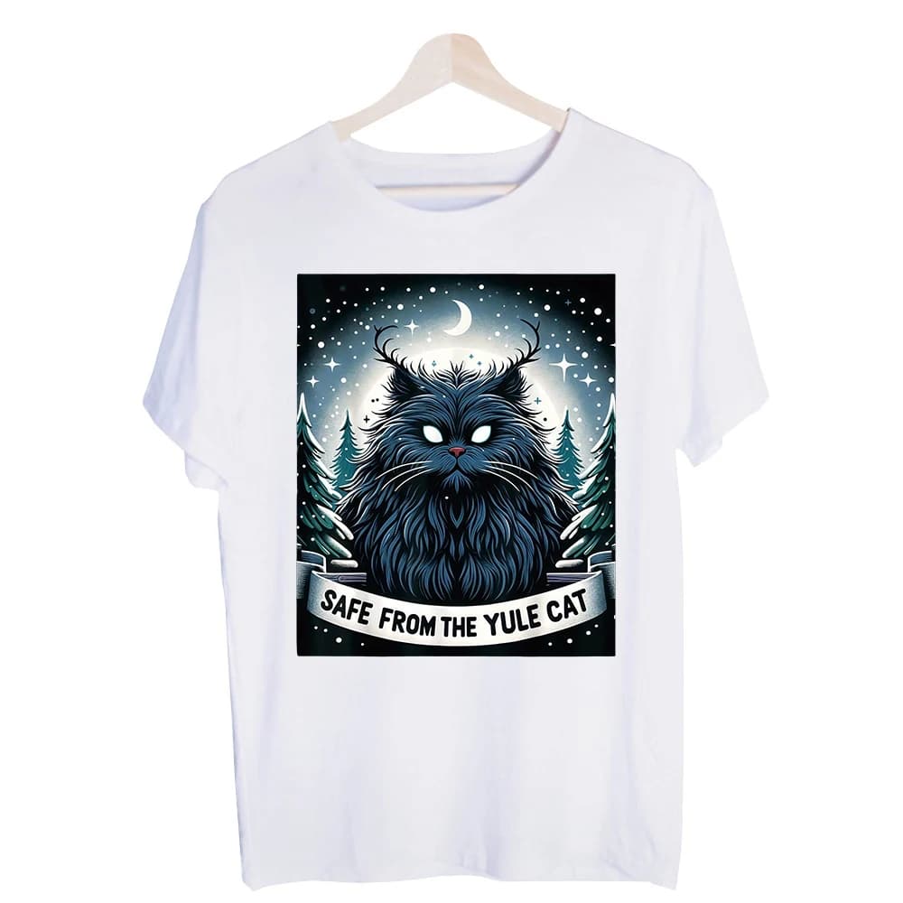 Men's Black Cat with Antlers Graphic Tee, Short Sleeve Crew Neck T-Shirt for Winter Holiday Casual Wear