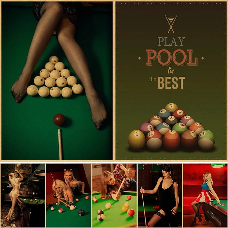 Retro Billiards Sexy Beauty Photo Poster Snooker Painting Wall Art Print Stickers Bar Pub Club Game Room Home Decor 4K HD