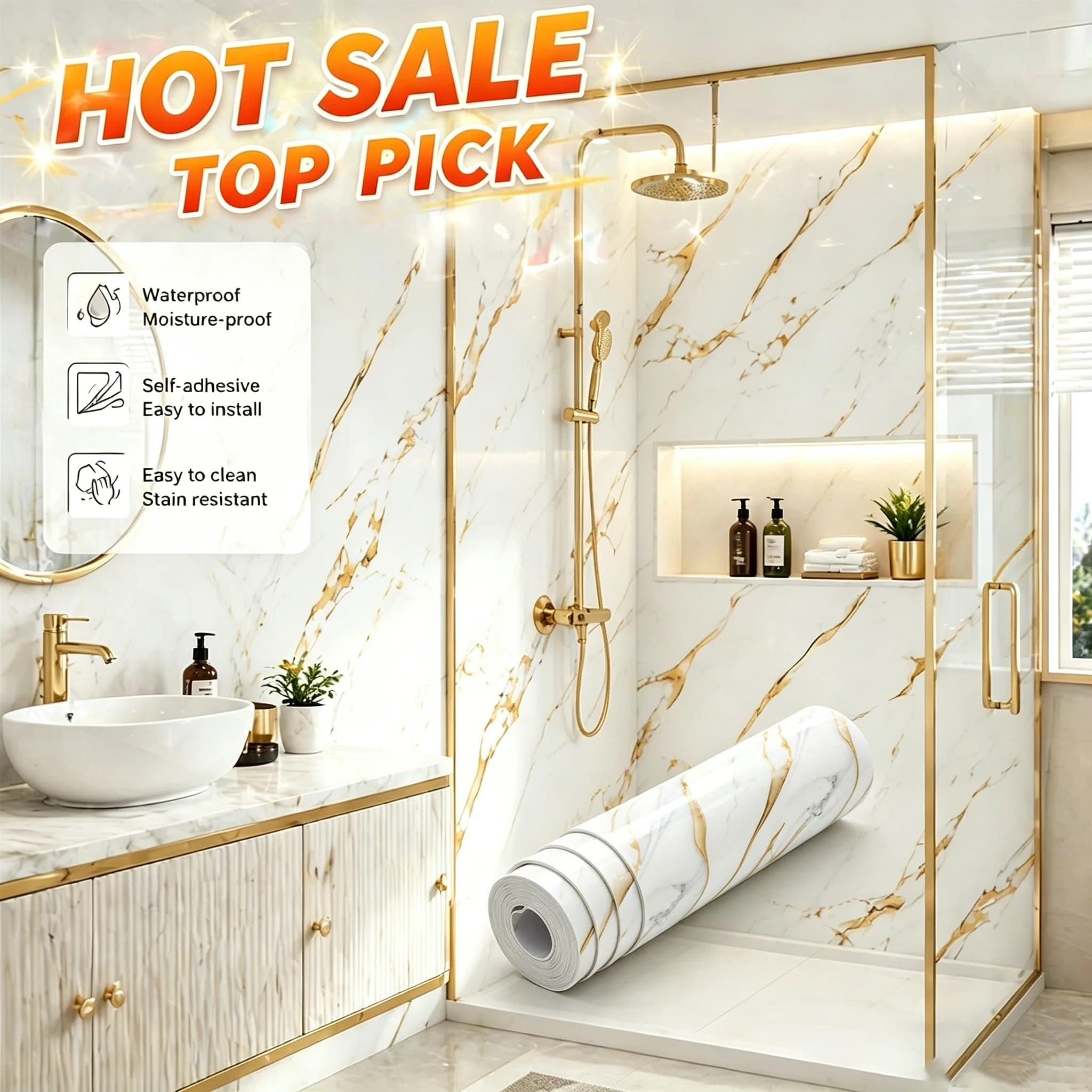 Marble Wall Stickers Tile Stickers Peel-and-Stick Waterproof 40cmx3m Home Decor Bedroom Kitchen Bathroom Room Decoration