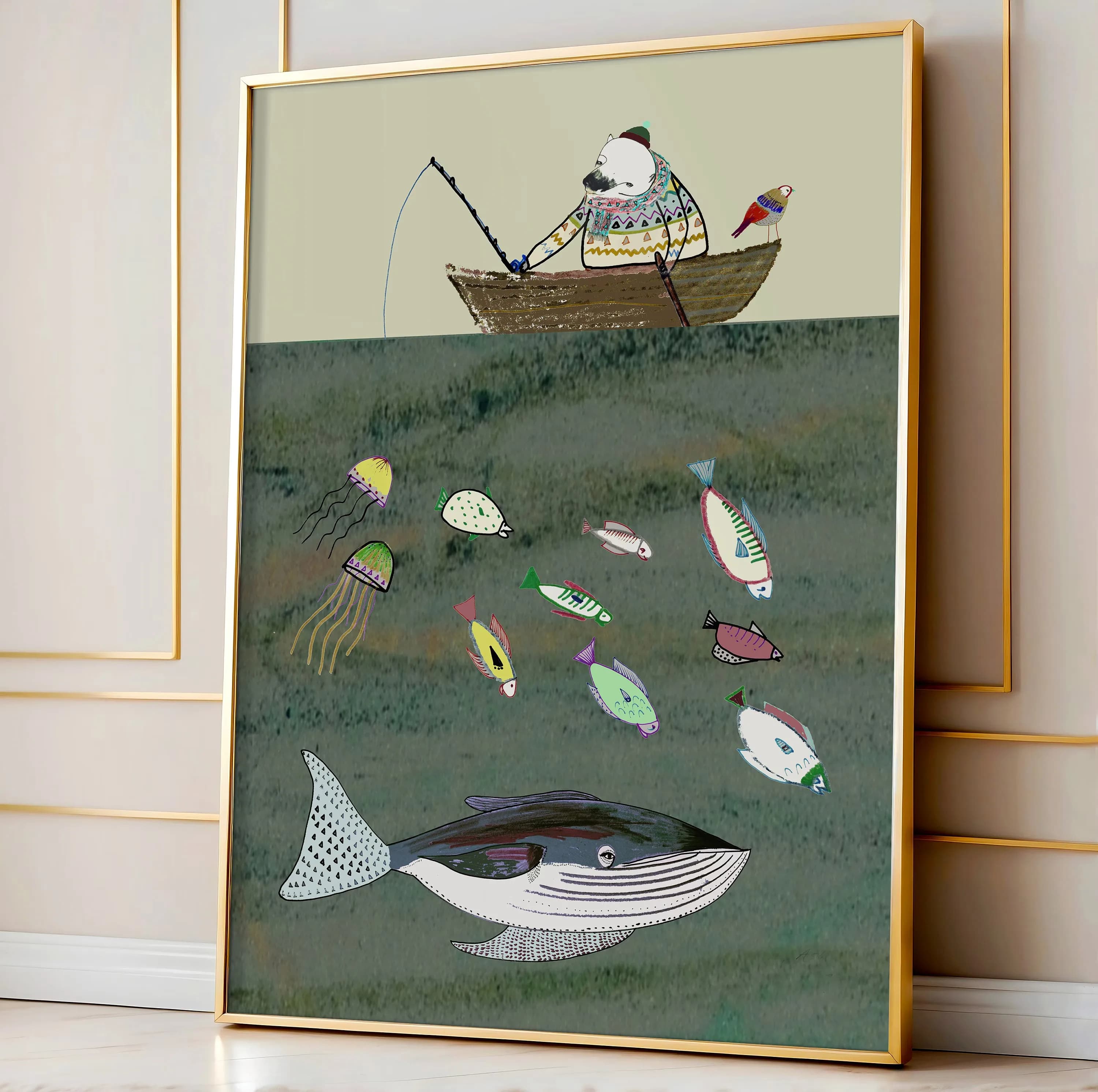 Polar Bear Fishing Art Print, Kids Wall Decor, for Bathroom, Playroom, Children, Nursery, Sealife,  Whale Prints, Birthday Gifts