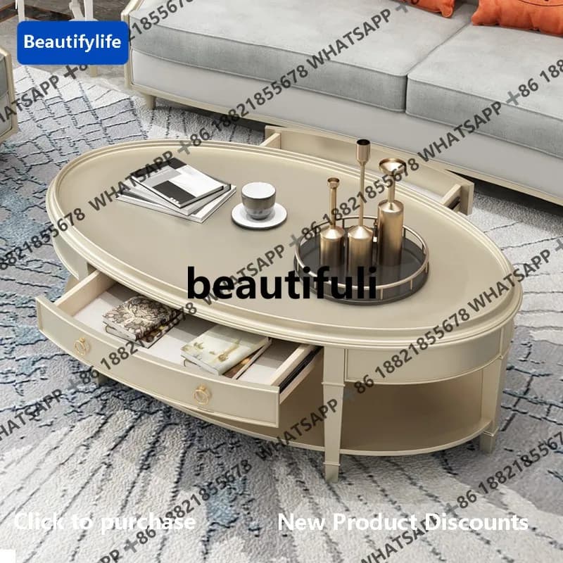 D183 American light luxury coffee table solid wood oval champagne gold tea table living room TV cabinet combination