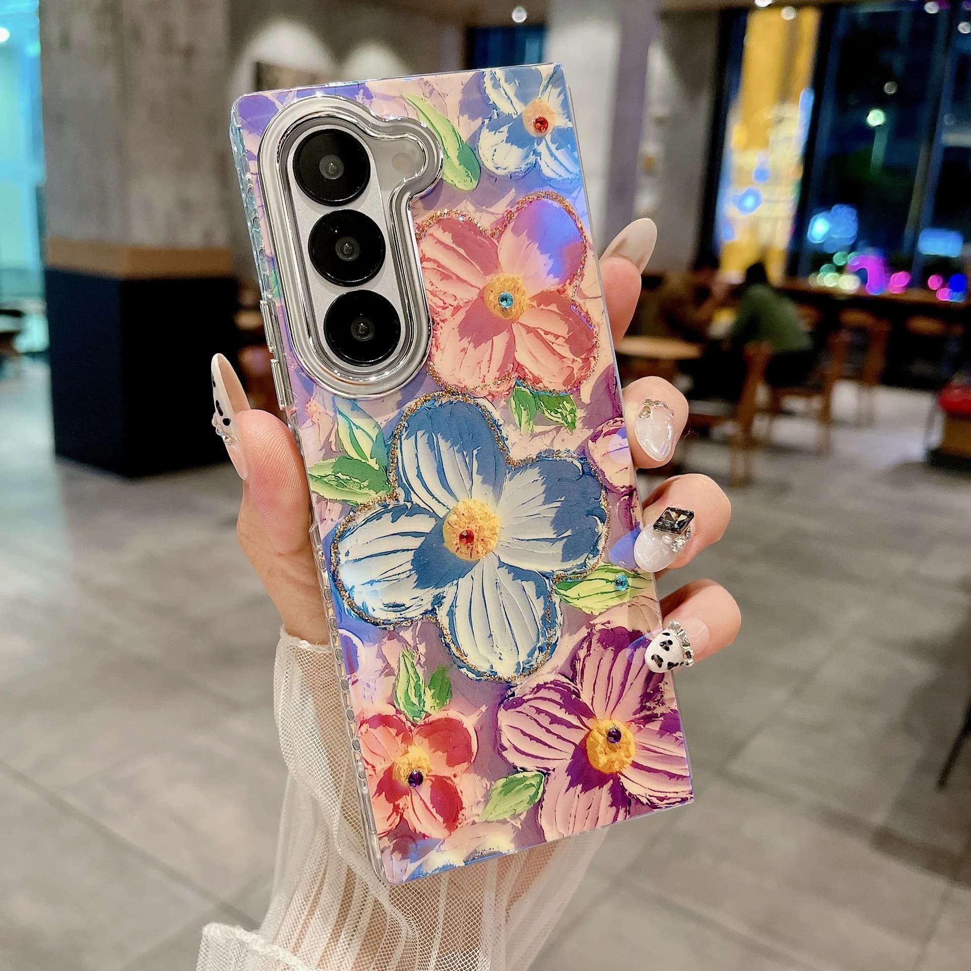 Creative Colored Flower Pattern Folding Phone Case For Samsung Galaxy Z Fold6/Z Fold5/Z Fold4 With Rhinestone (Not 3D Effect)