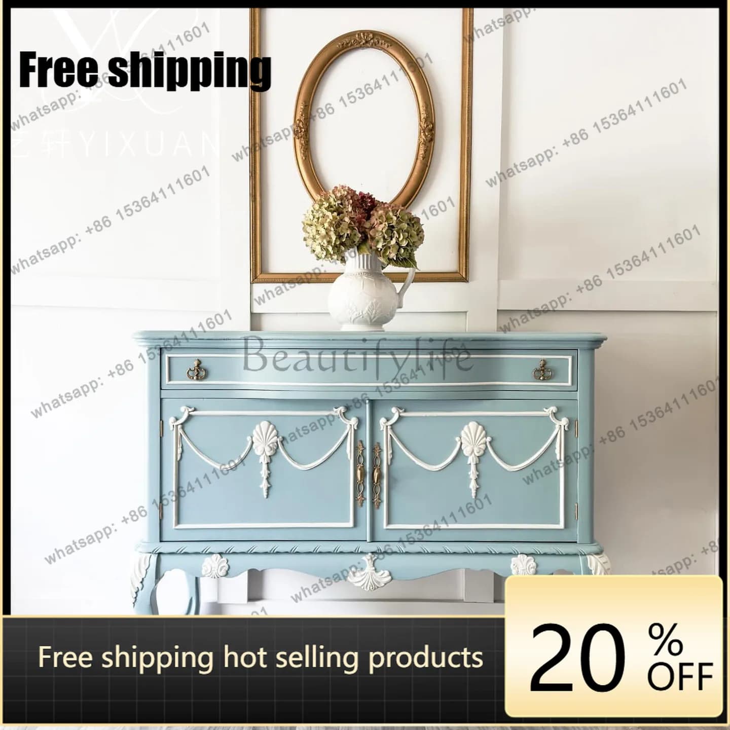 XX French retro solid wood carving flower entrance cabinet American living room decoration cabinet