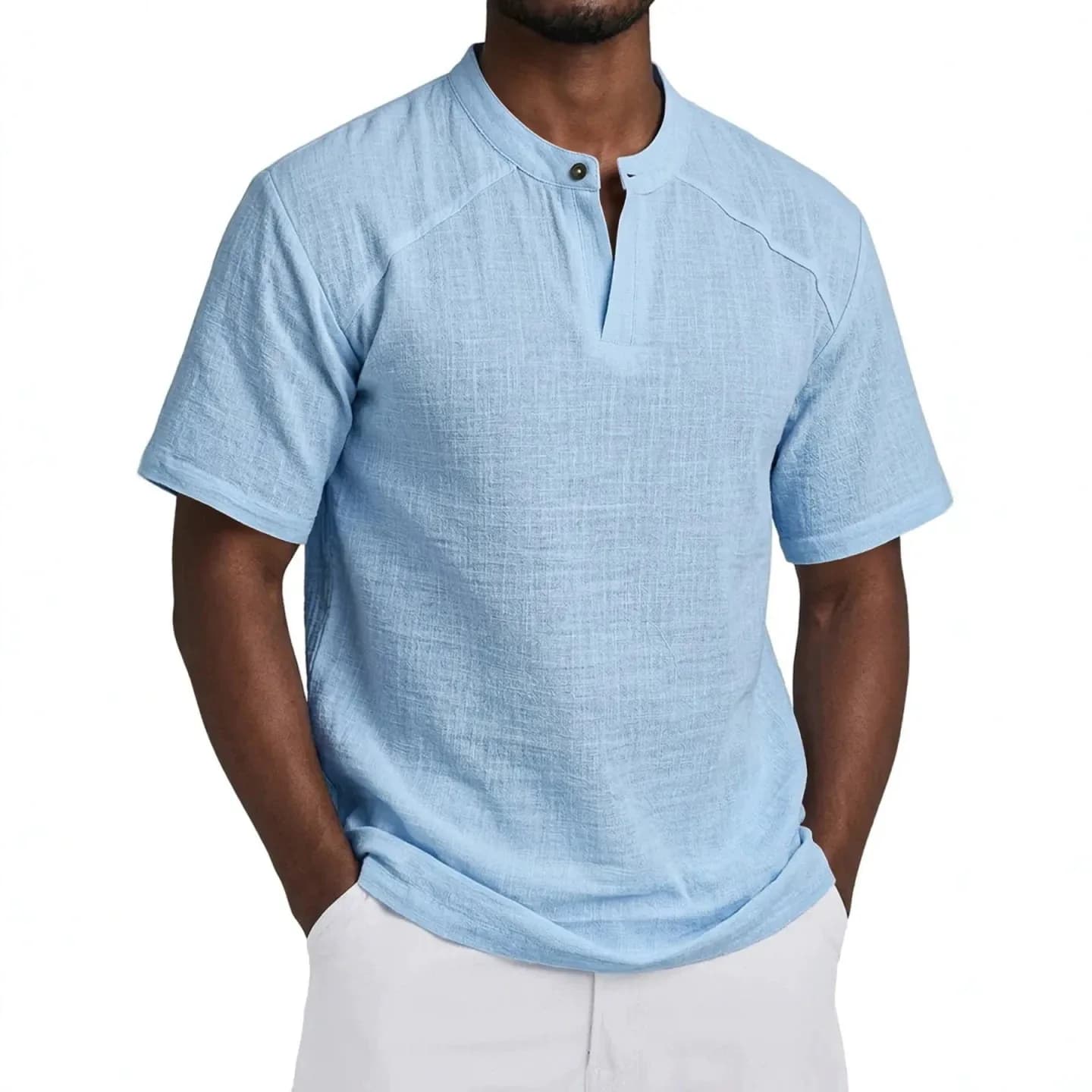 2026 Summer New Casual Cotton and Linen T-shirt Men's Henry Collar Solid Color Versatile Short-sleeved Top Men's
