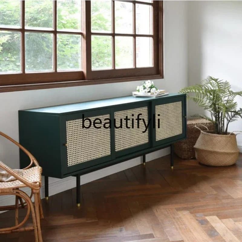 Nordic solid wood dining side, simple modern tea, living room TV cabinet, dark green rattan locker