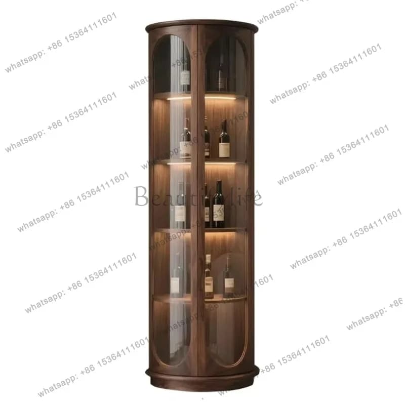 YJ  Black Walnut Glass Wine Cabinet Modern Light Luxury Double Door Display Cabinet Living Room Solid Wood Round Decoration