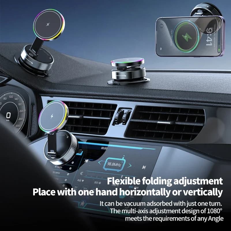 New Vacuum Magnetic Wireless Car Phone Charger with Cooling Fan Suction Cup Mount for Live Streaming All Cars Auto Accessories