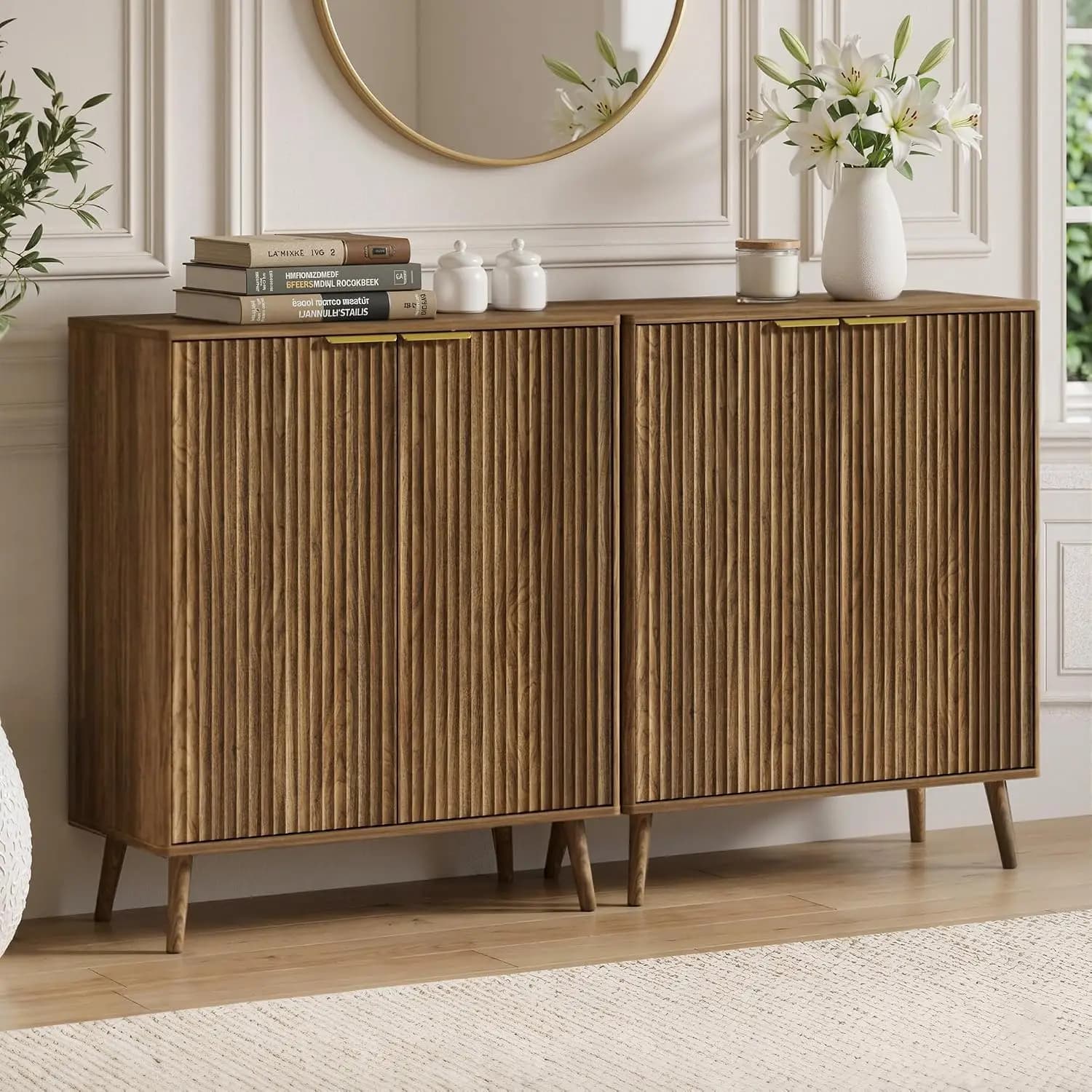 Shoe Cabinet with Adjustable Shelves and Wavy-Shaped Doors, Walnut, 2PCS Storage Cabinet with Wooden Legs, Modern, Customized