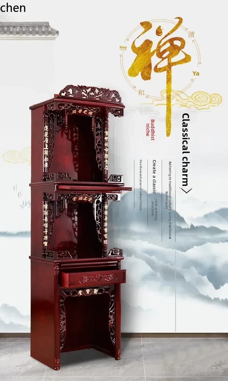 DSAThree-Layer Altar Buddha Shrine God of Wealth Guanyin Buddha Statue Household Couplets Standing Cabinet Offering Table