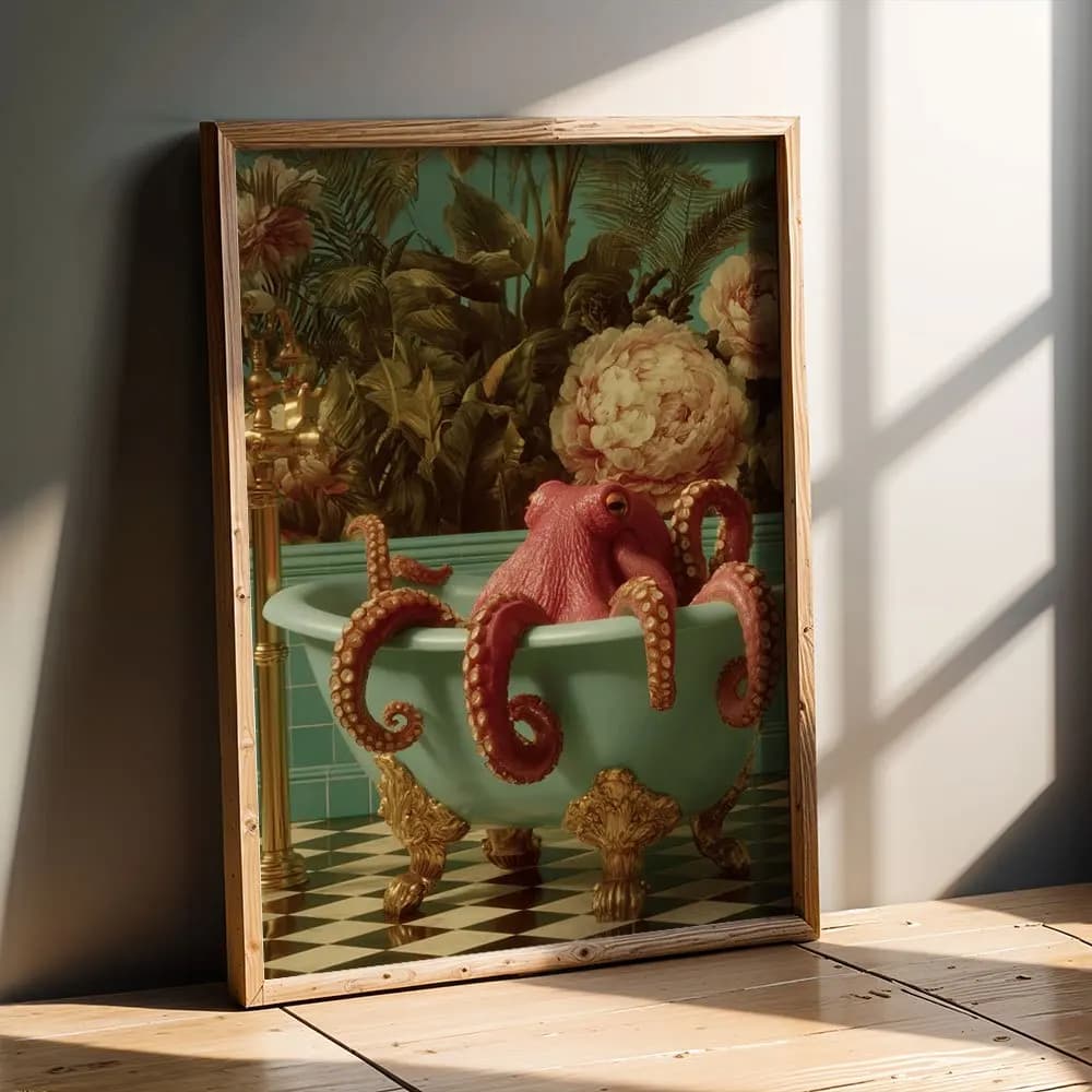Vintage Abstract Octopus In Bathtub Floral Canvas Wall Decor Picture, 2D Printed Poster Wall Art, Creative Home Decor For Bathro