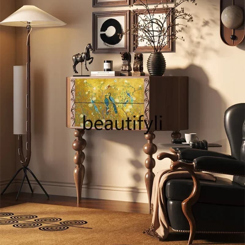 New retro flower carved edge cabinet walnut multi-layer living room sofa flower and bird decorative cabinet