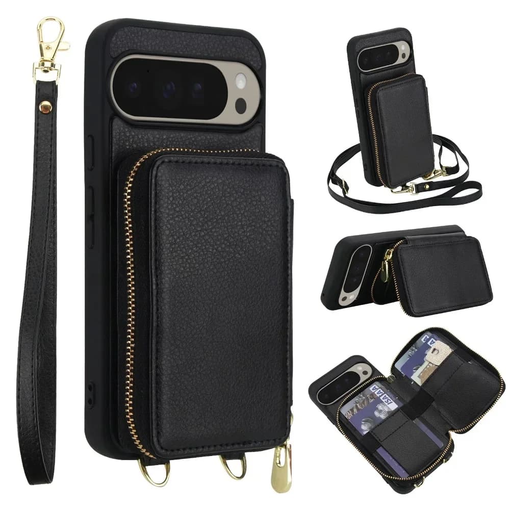 Solid Color Leather Back Wallet Card Case Phone Cover for Google Pixel 8 9 Pro XL/Pixel 9a 8a with Wrist Strap