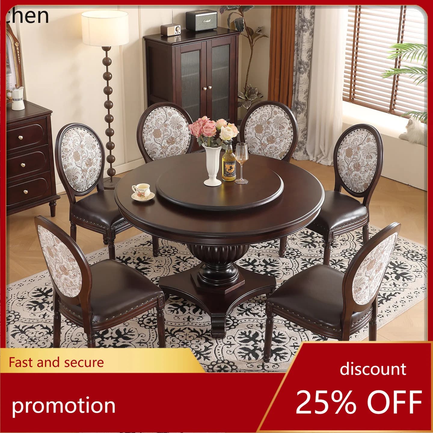 ZML Solid Wood Household Round Table with Turntable Vintage Round Dining Table and Chair Set