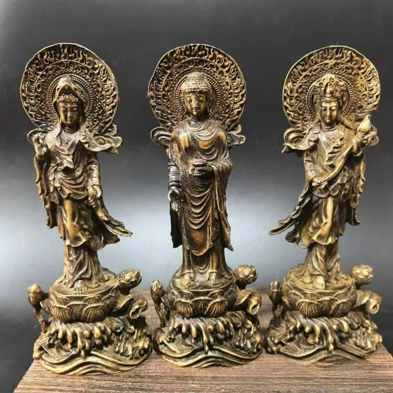 Antique Alloy Copper Carved Western Three Saints Purity Vase GuanyinMahasthamaprapta Bodhisattva Amitabha Home Worship Ornaments